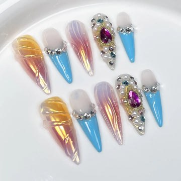 10Pcs Sweet Cool Aurora Almond False Nails Cute Hand drawn Bow Press on Nails with Heart Diamond Pearl Full Cover Fake Nail Tips